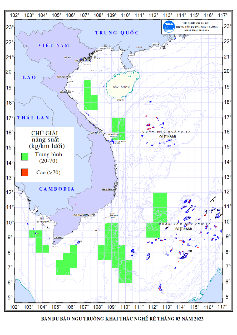 Dự báo ngư trường khai thác nghề lưới rê tháng 3 năm 2023