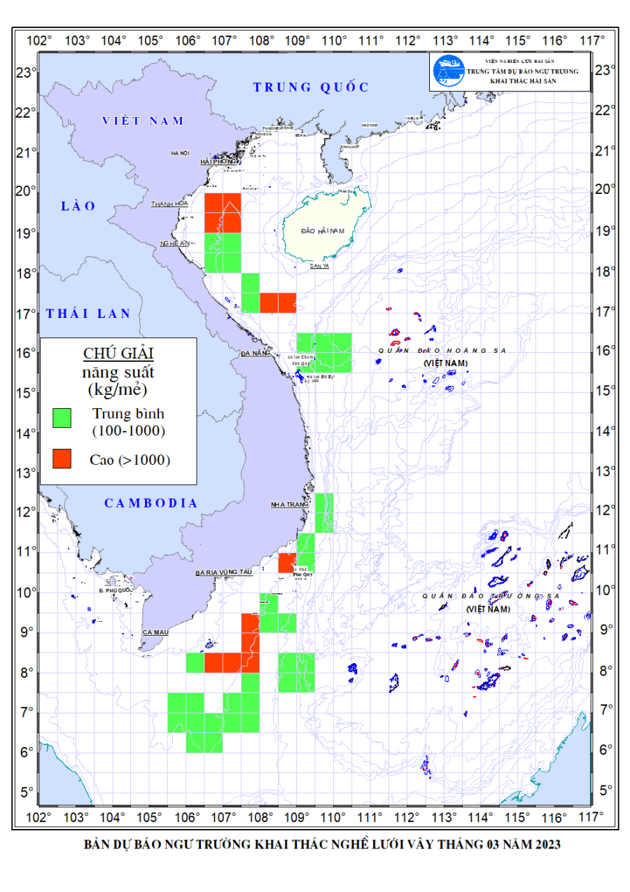 Dự báo ngư trường khai thác nghề lưới vây tháng 3 năm 2023