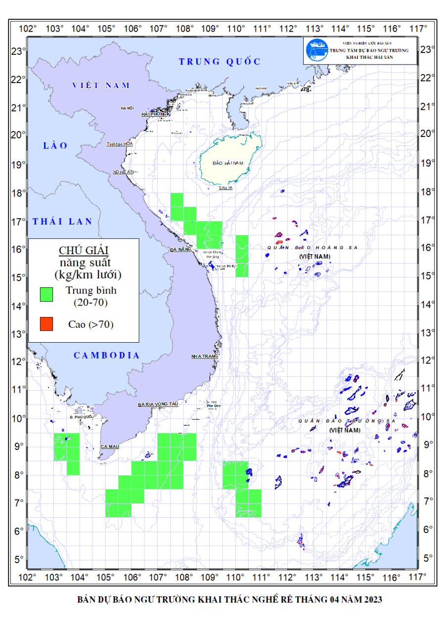 Hình 1: Bản dự báo khai thác nghề lưới rê tháng 4/2023