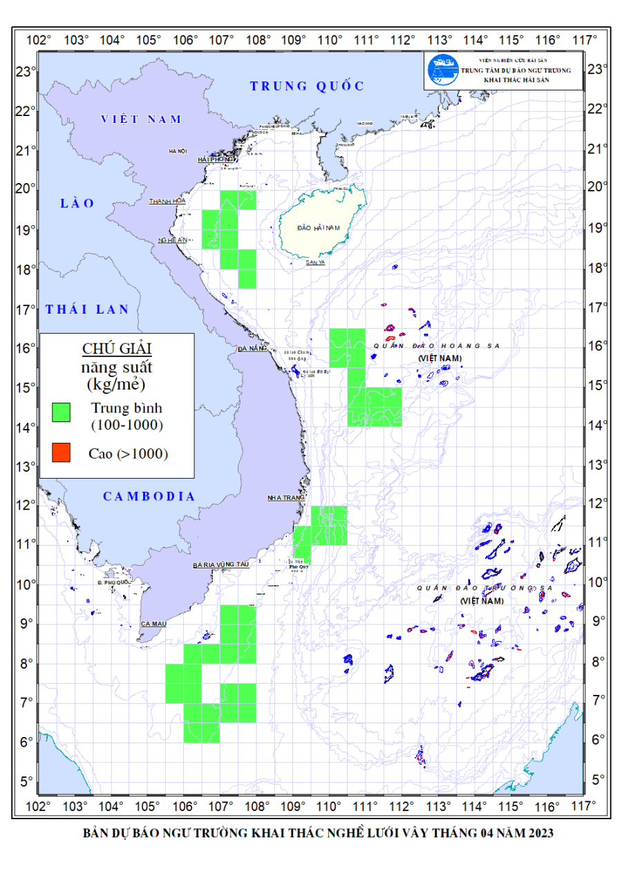 Hình 2: Bản dự báo khai thác nghề lưới vây tháng 4/2023